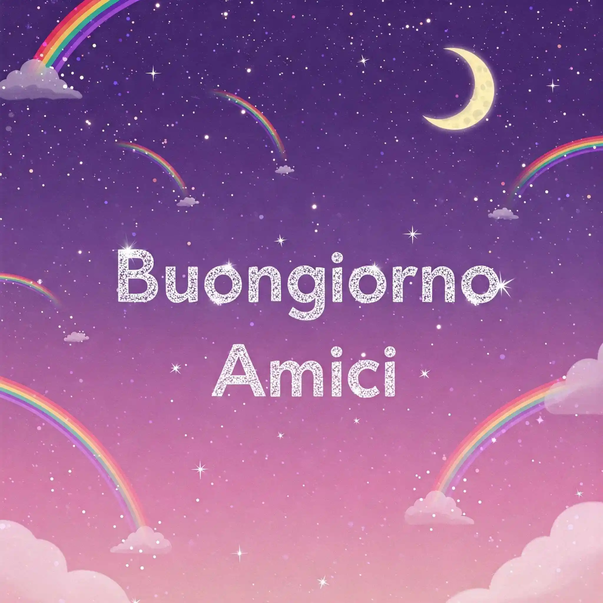 Cielo notturno viola rosa con luna, stelle e arcobaleni, testo Buongiorno Amici scintillante.