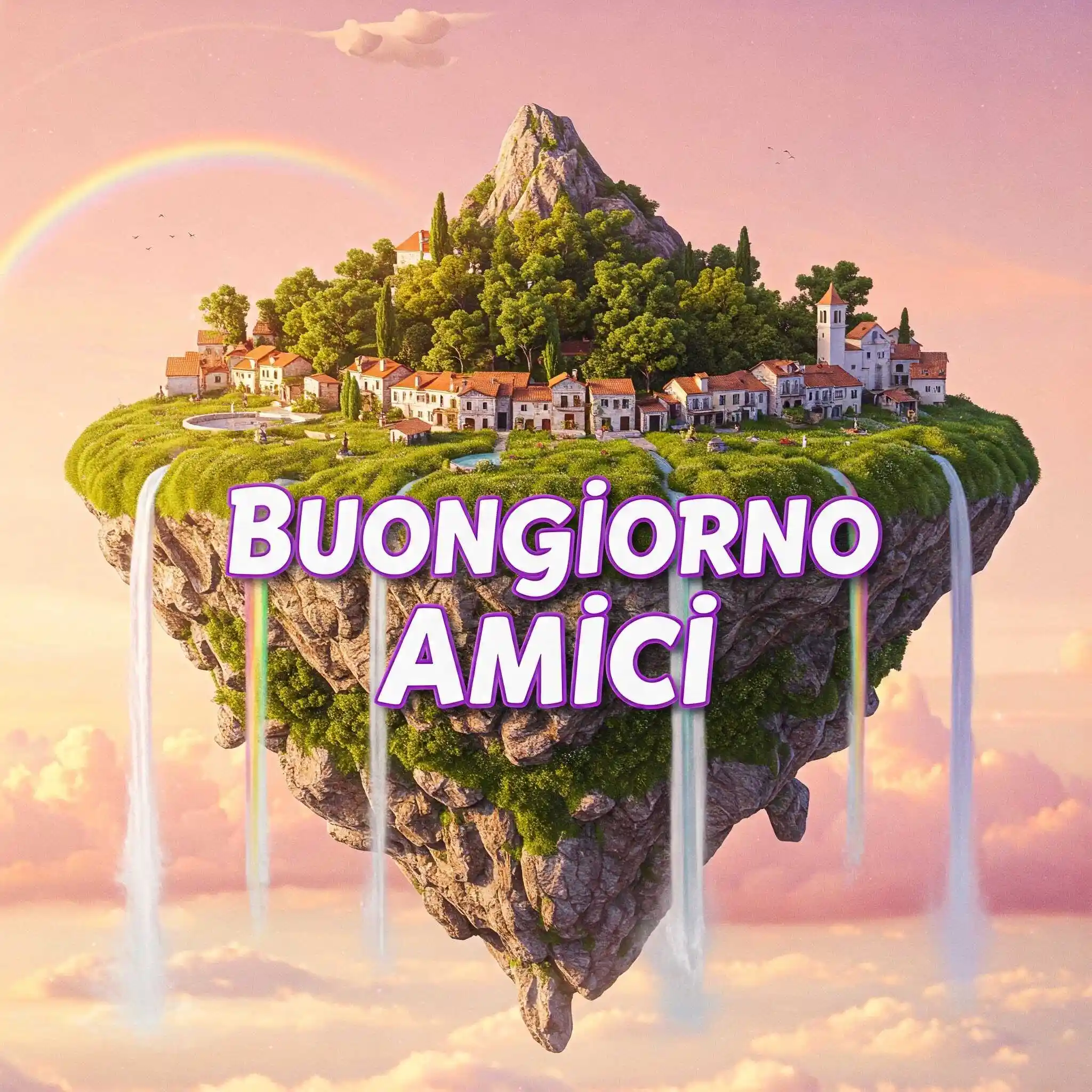 Arco di carta con rose, raggio di sole e la scritta, Buongiorno Amici.