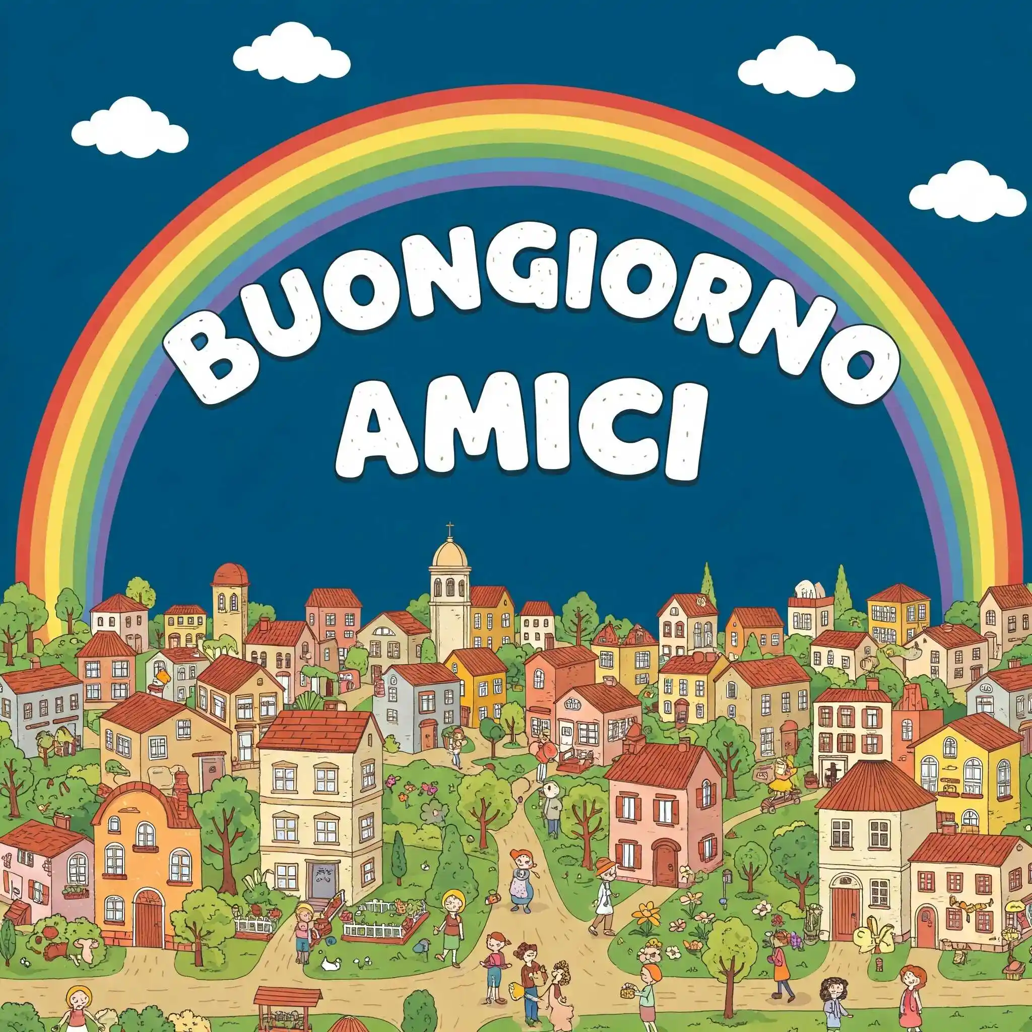 Villaggio di funghi animati in bosco con testo Buongiorno Amici.