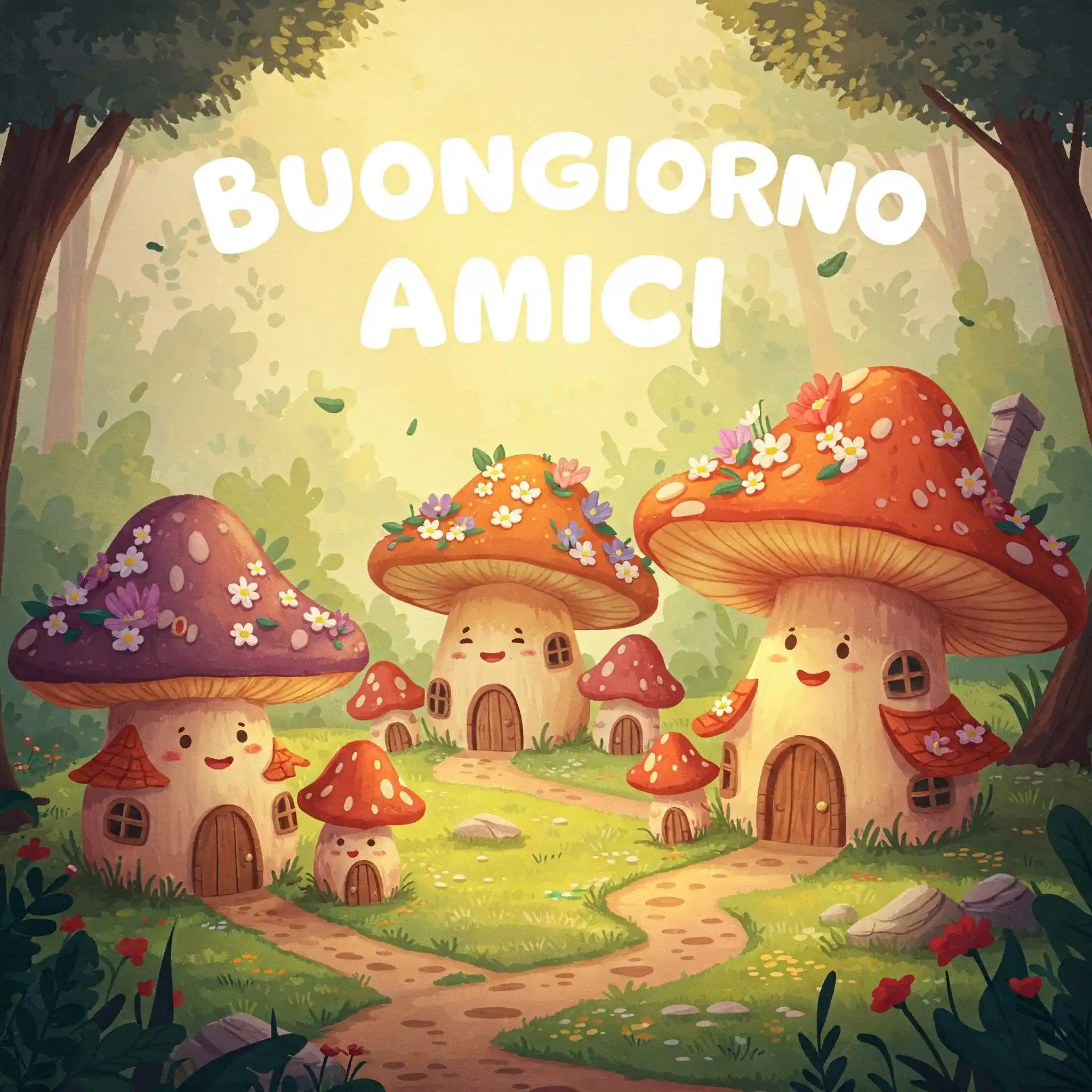 Villaggio di funghi animati in bosco con testo Buongiorno Amici.