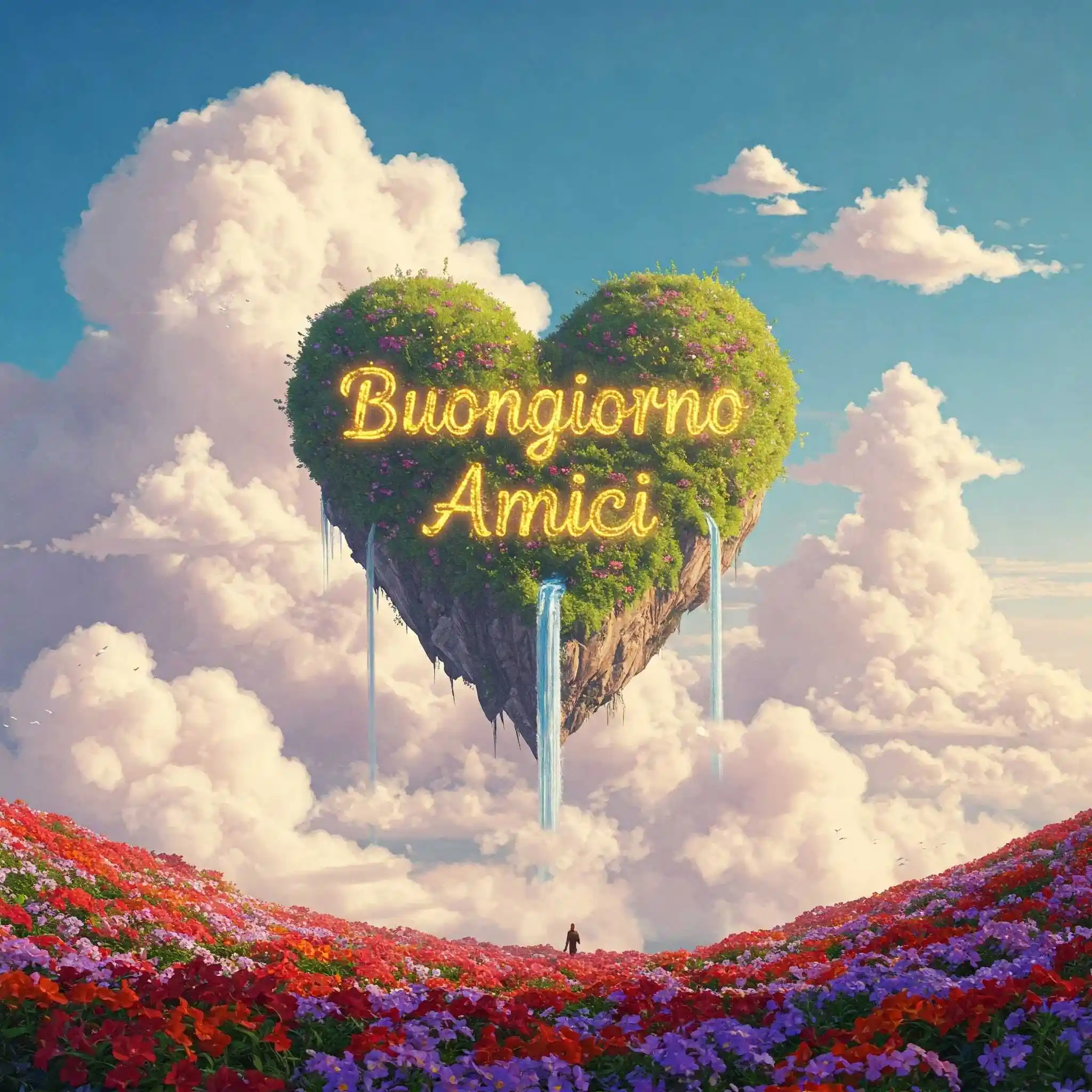 Cielo notturno viola rosa con luna, stelle e arcobaleni, testo Buongiorno Amici scintillante.