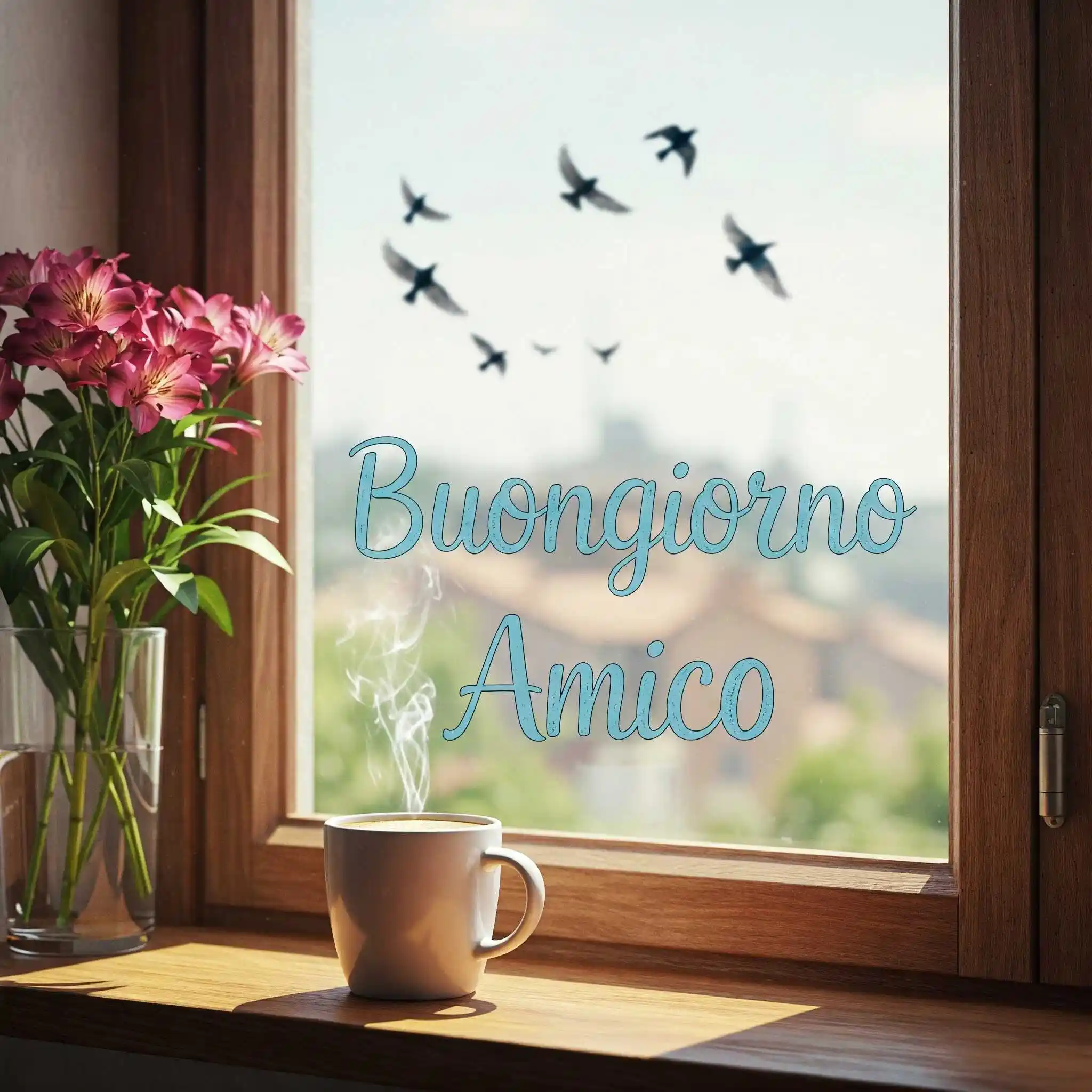 Arco di carta con rose, raggio di sole e la scritta, Buongiorno Amici.