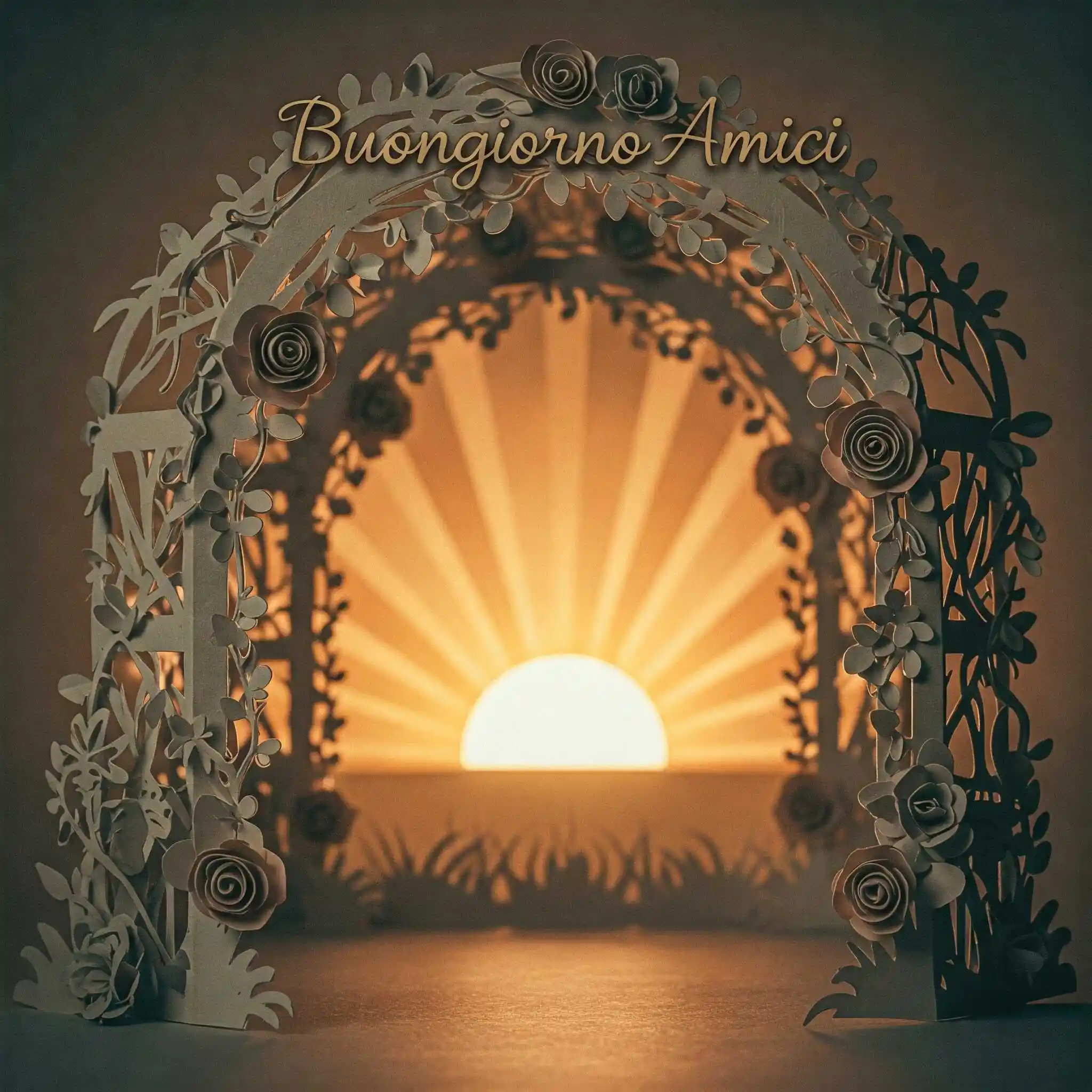 Arco di carta con rose, raggio di sole e la scritta, Buongiorno Amici.