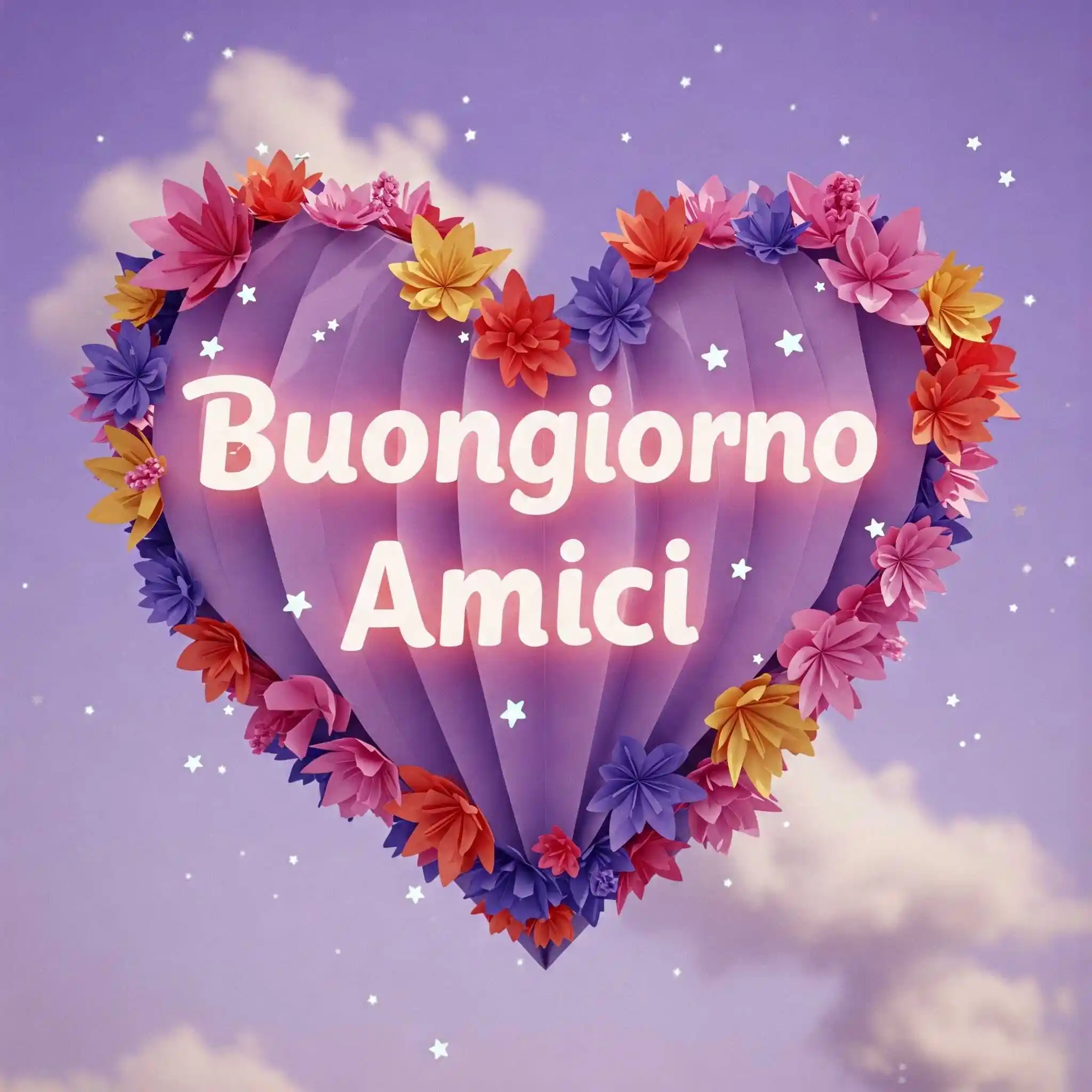 Arco di carta con rose, raggio di sole e la scritta, Buongiorno Amici.