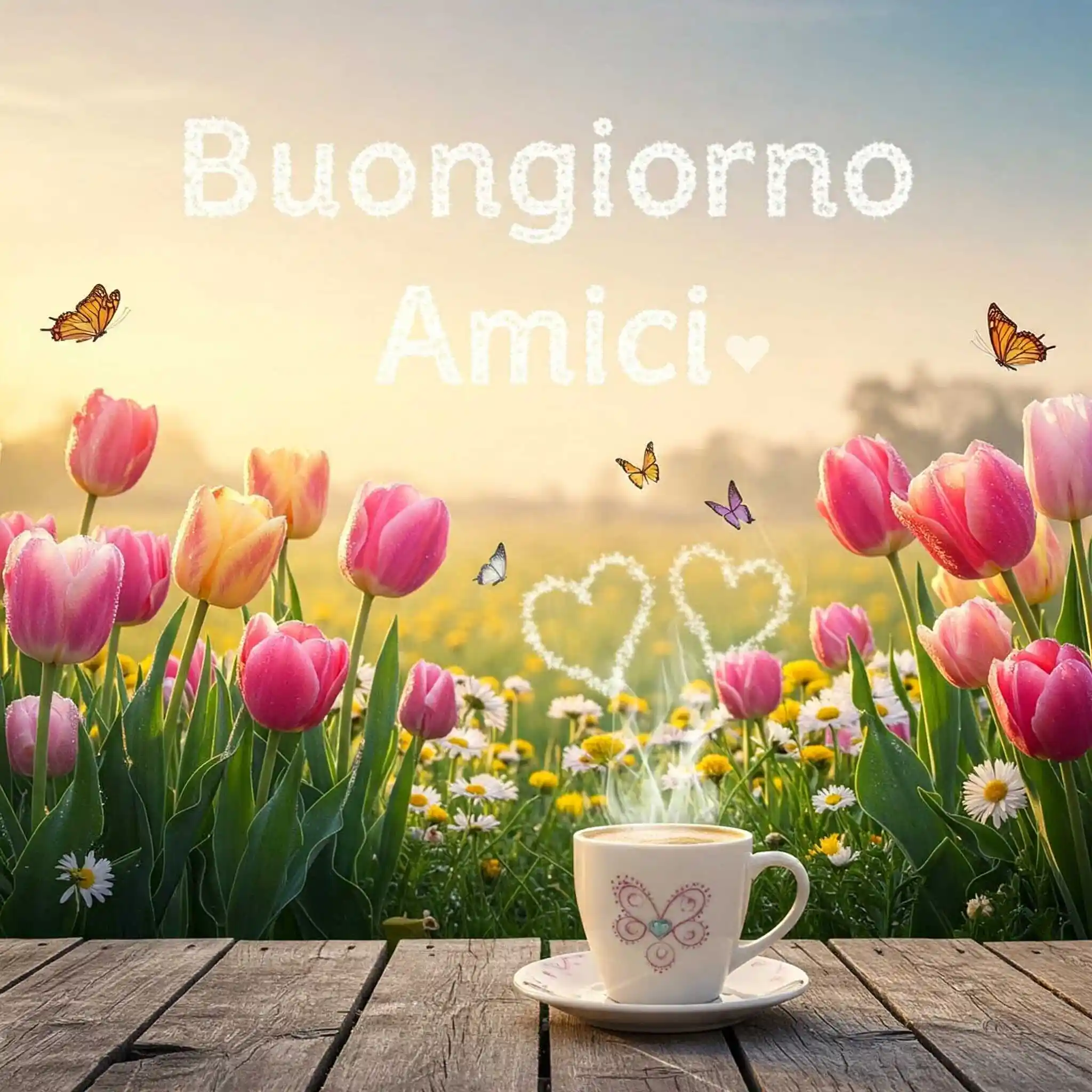 Villaggio di funghi animati in bosco con testo Buongiorno Amici.