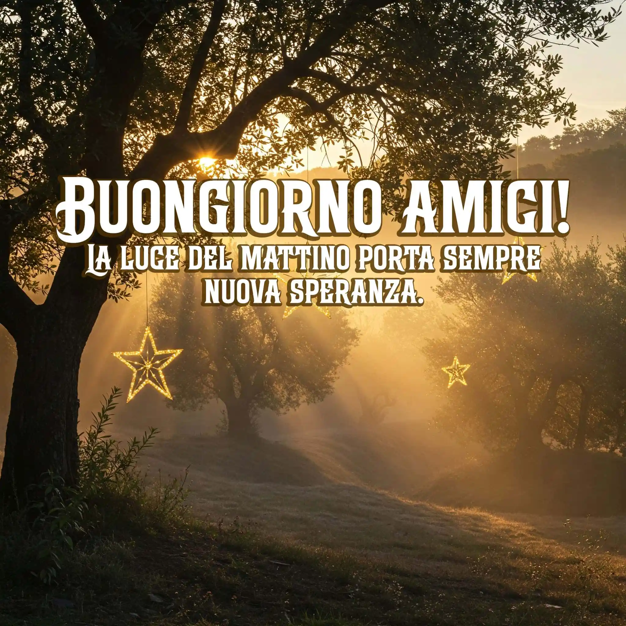 Arco di carta con rose, raggio di sole e la scritta, Buongiorno Amici.