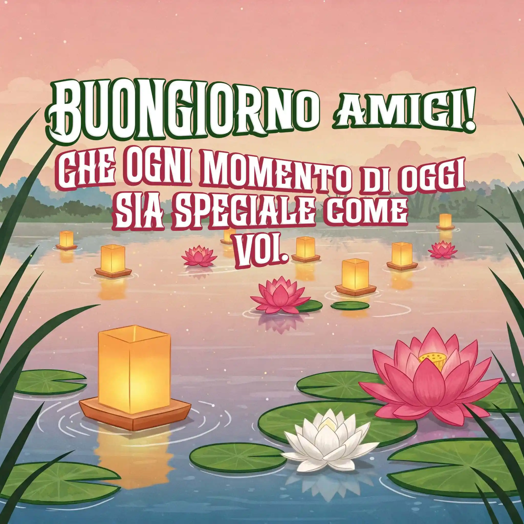 Villaggio di funghi animati in bosco con testo Buongiorno Amici.