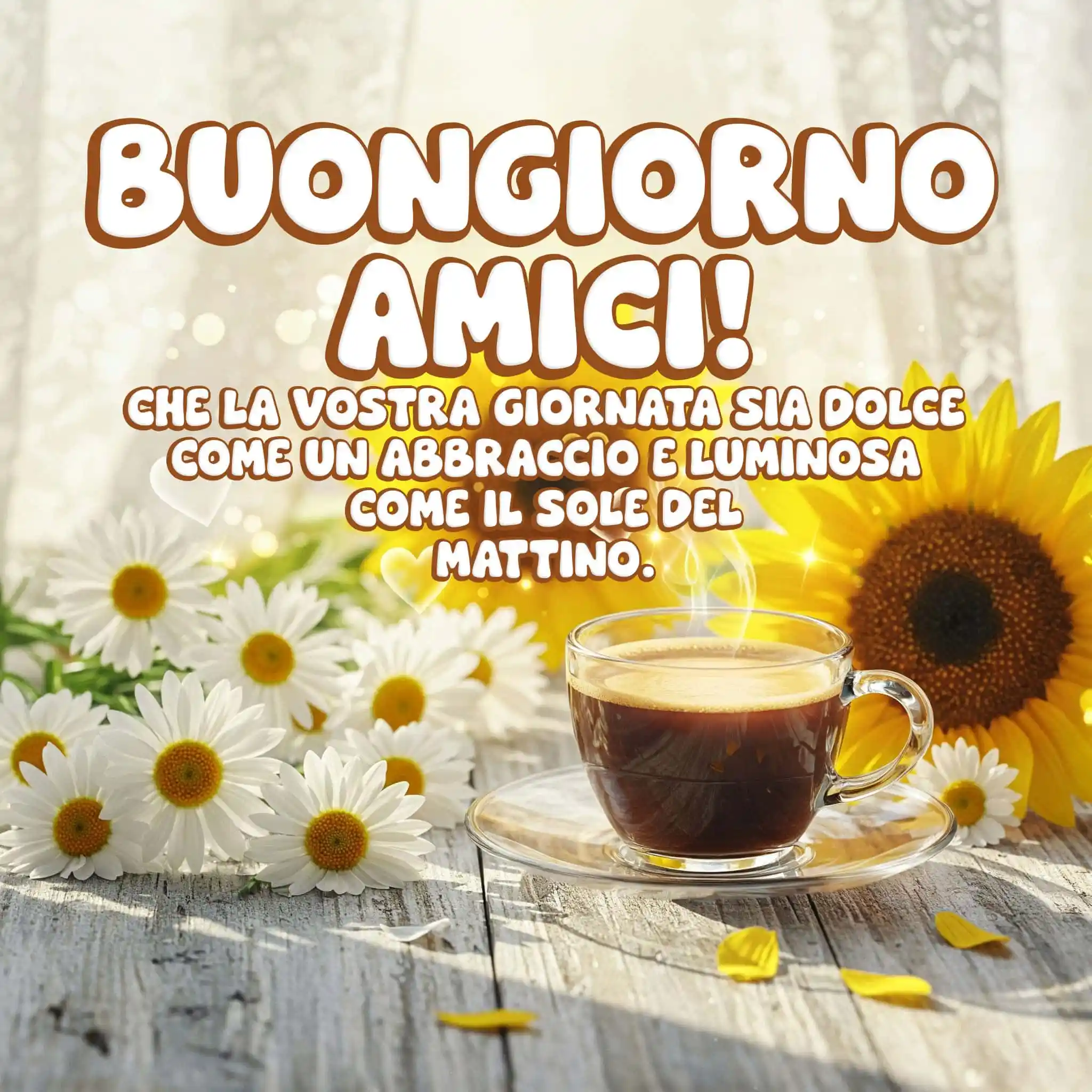 Arco di carta con rose, raggio di sole e la scritta, Buongiorno Amici.