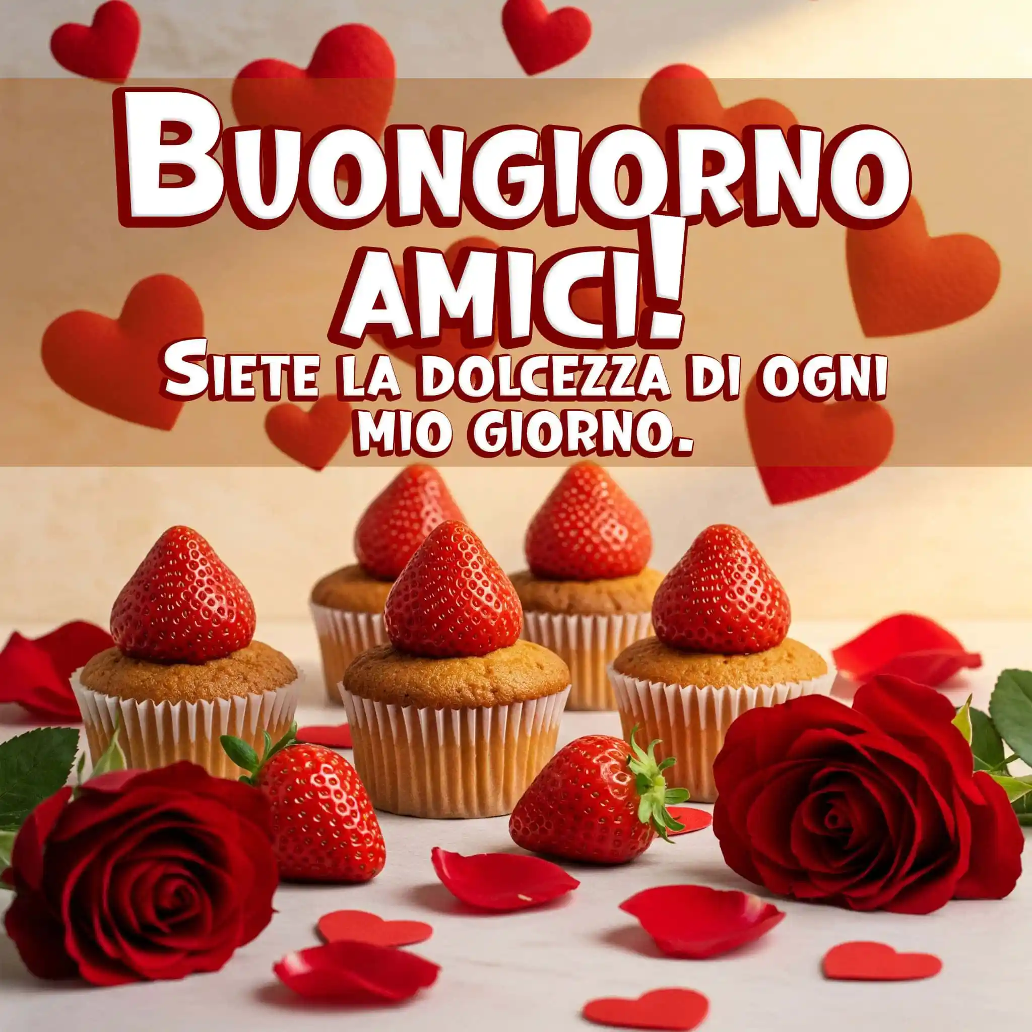 Villaggio di funghi animati in bosco con testo Buongiorno Amici.