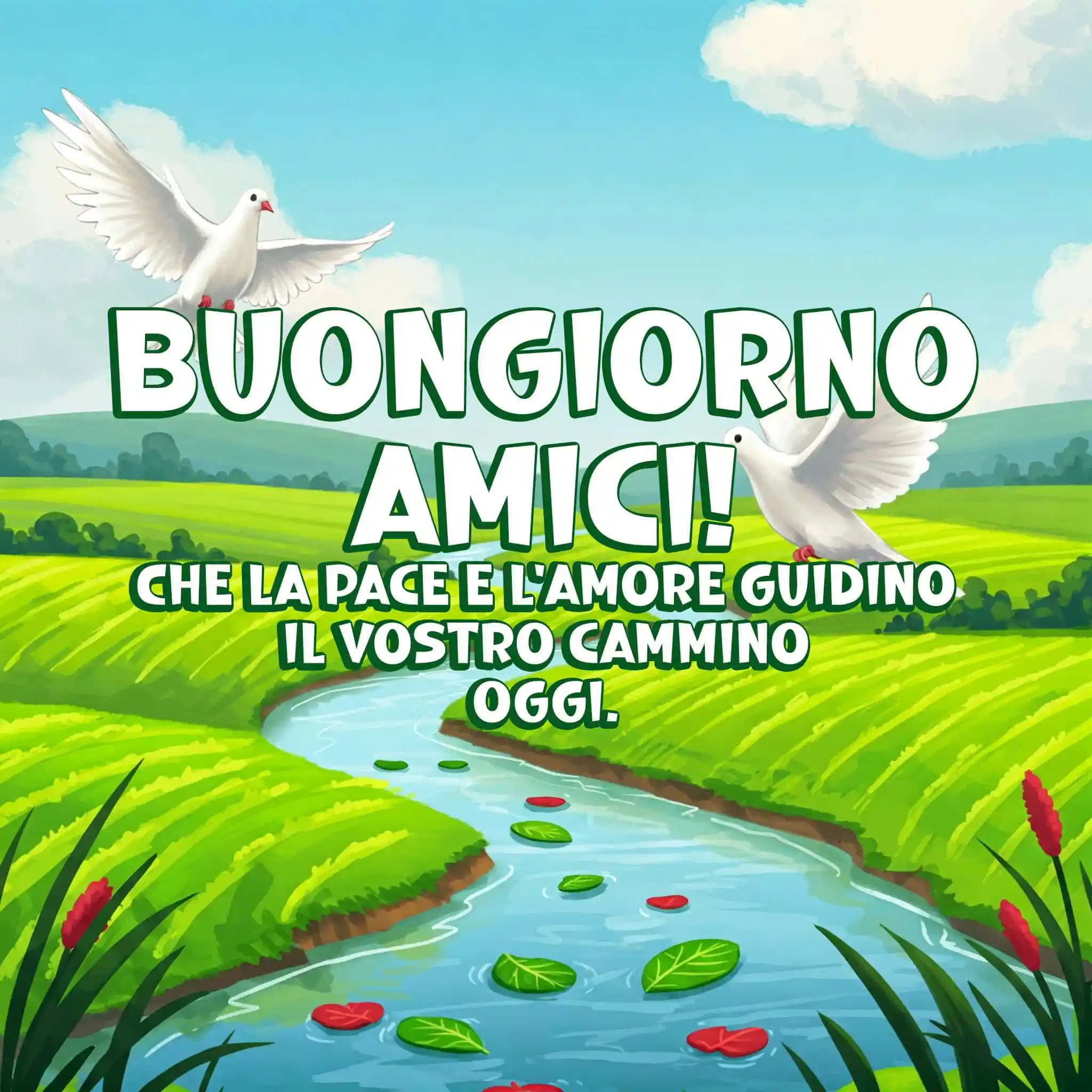 Cielo notturno viola rosa con luna, stelle e arcobaleni, testo Buongiorno Amici scintillante.