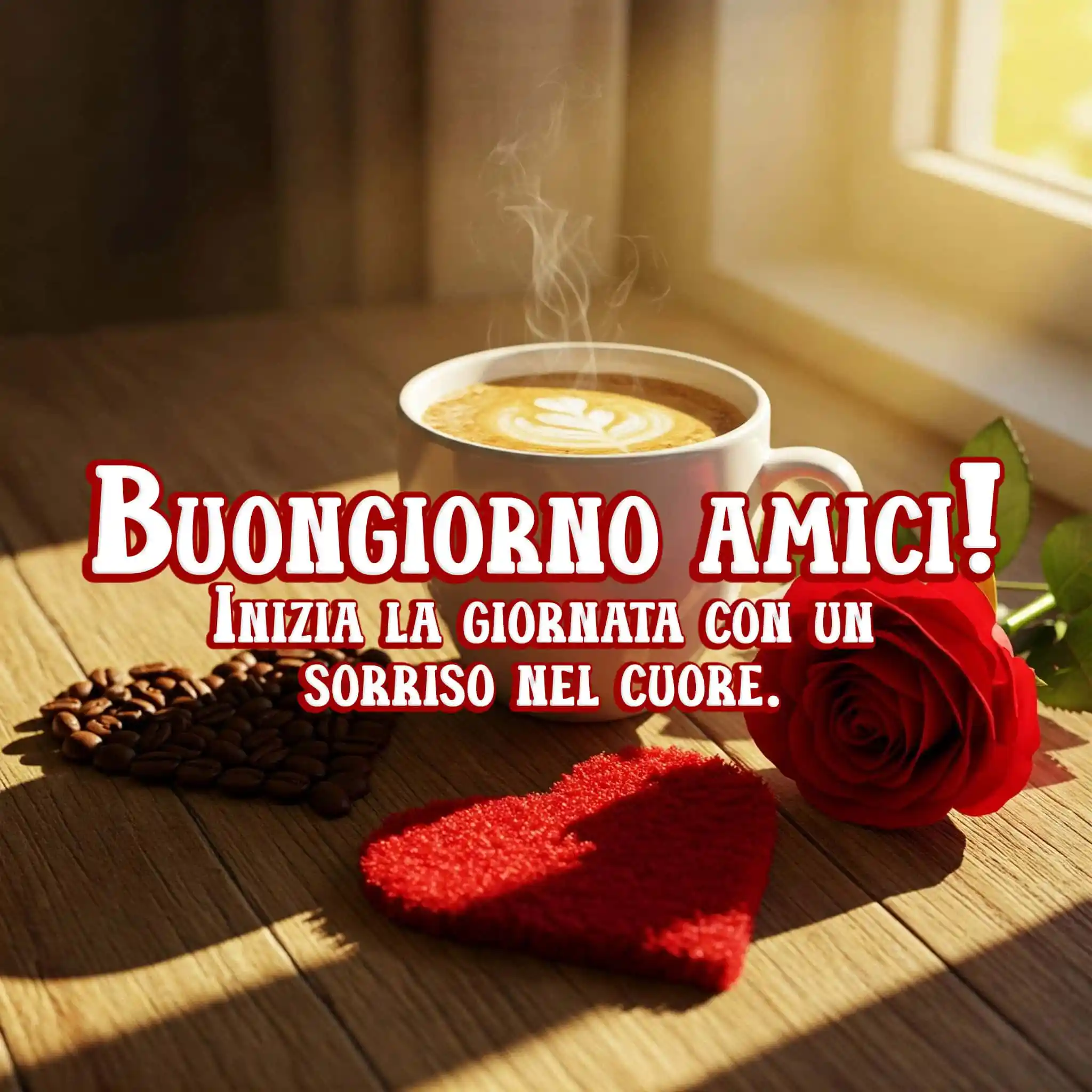 Arco di carta con rose, raggio di sole e la scritta, Buongiorno Amici.