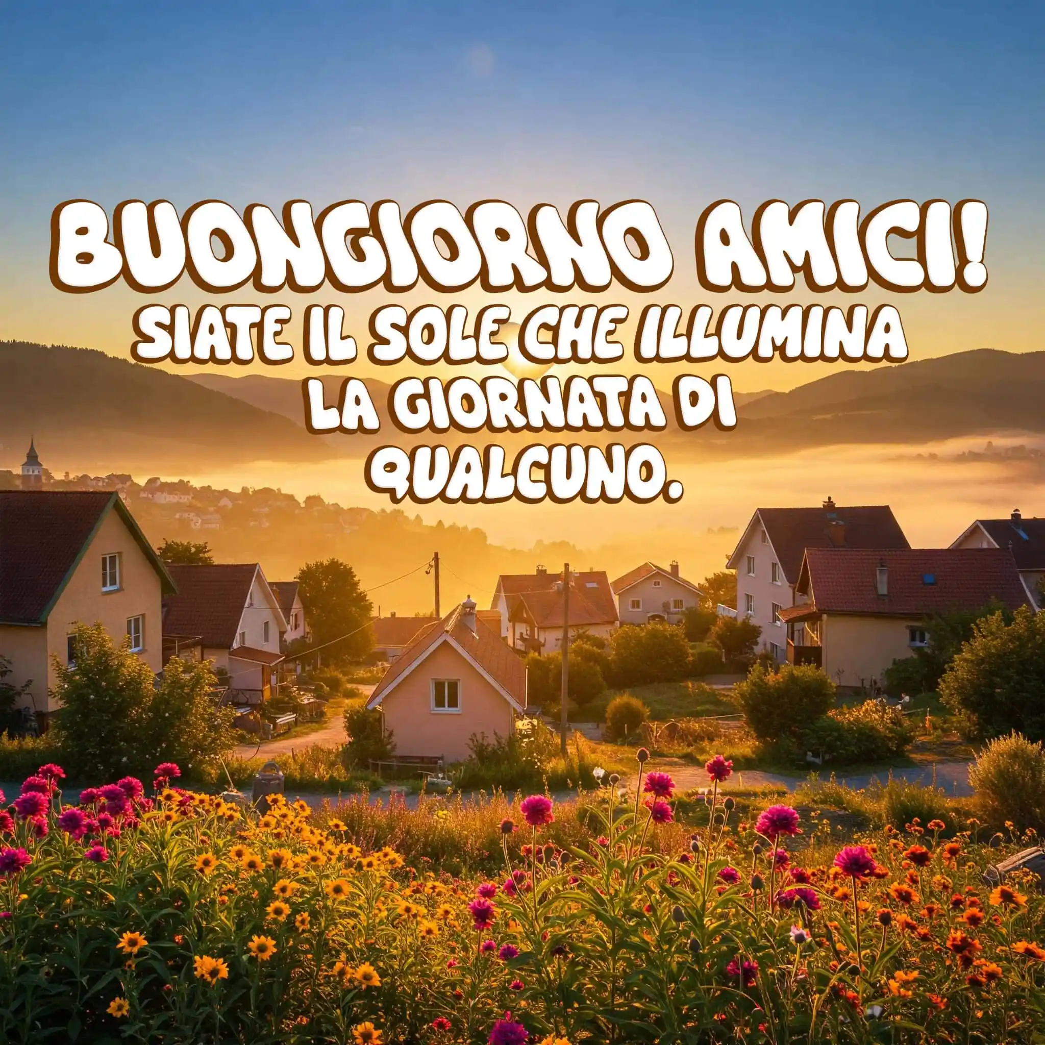 Arco di carta con rose, raggio di sole e la scritta, Buongiorno Amici.