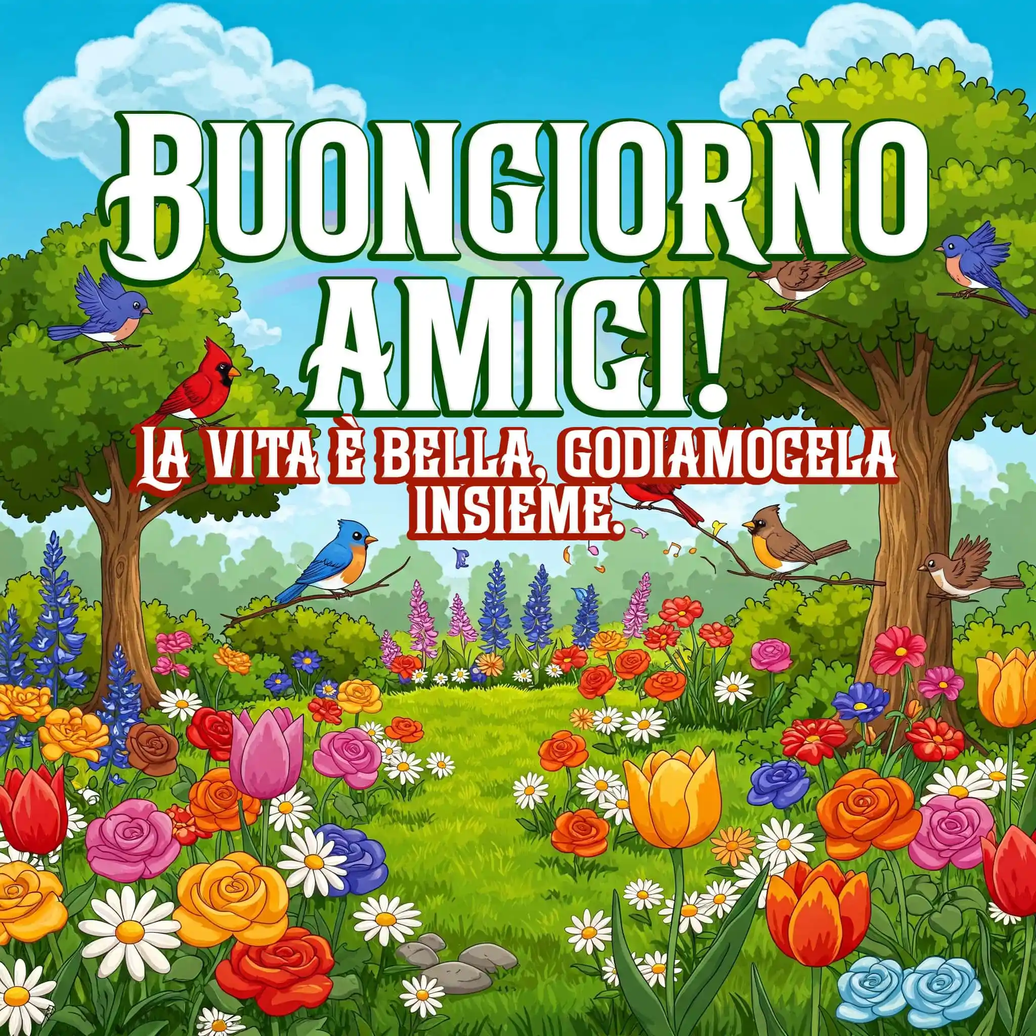 Arco di carta con rose, raggio di sole e la scritta, Buongiorno Amici.