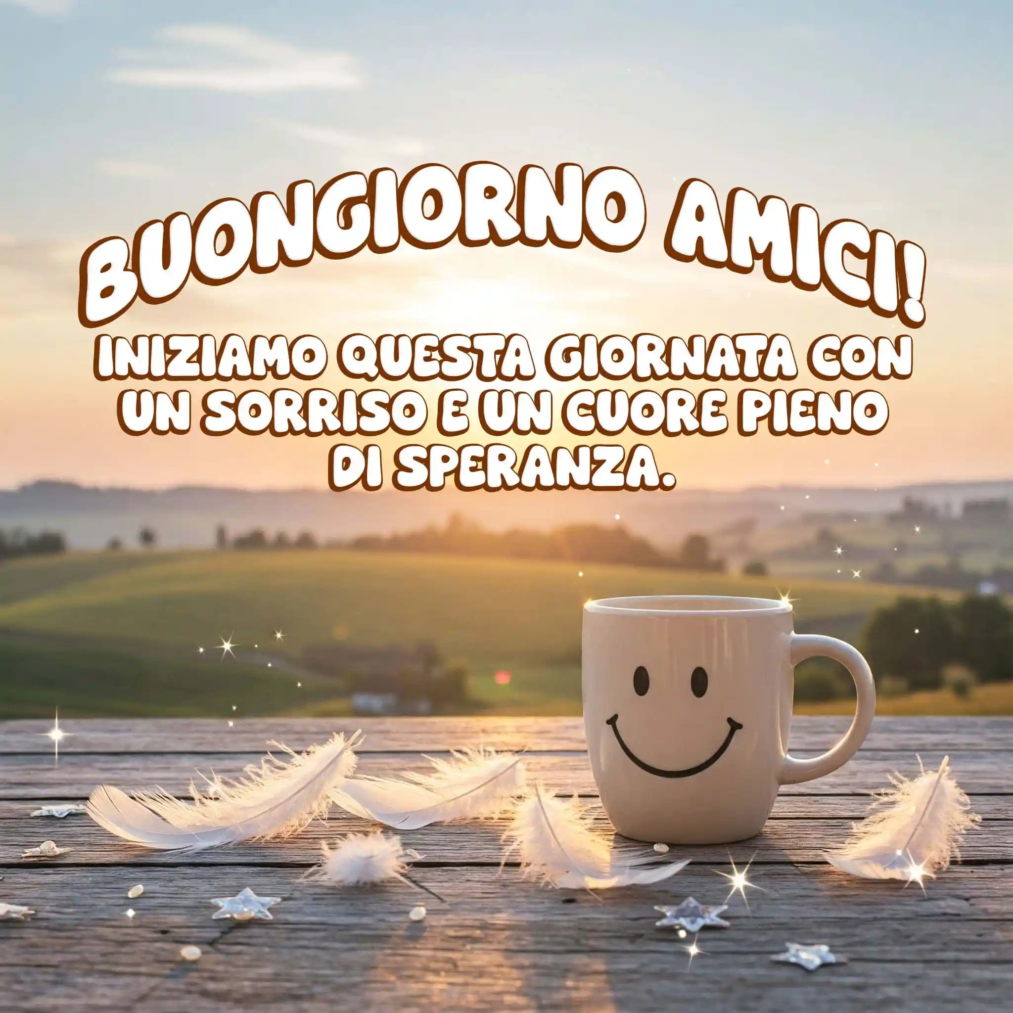 Arco di carta con rose, raggio di sole e la scritta, Buongiorno Amici.