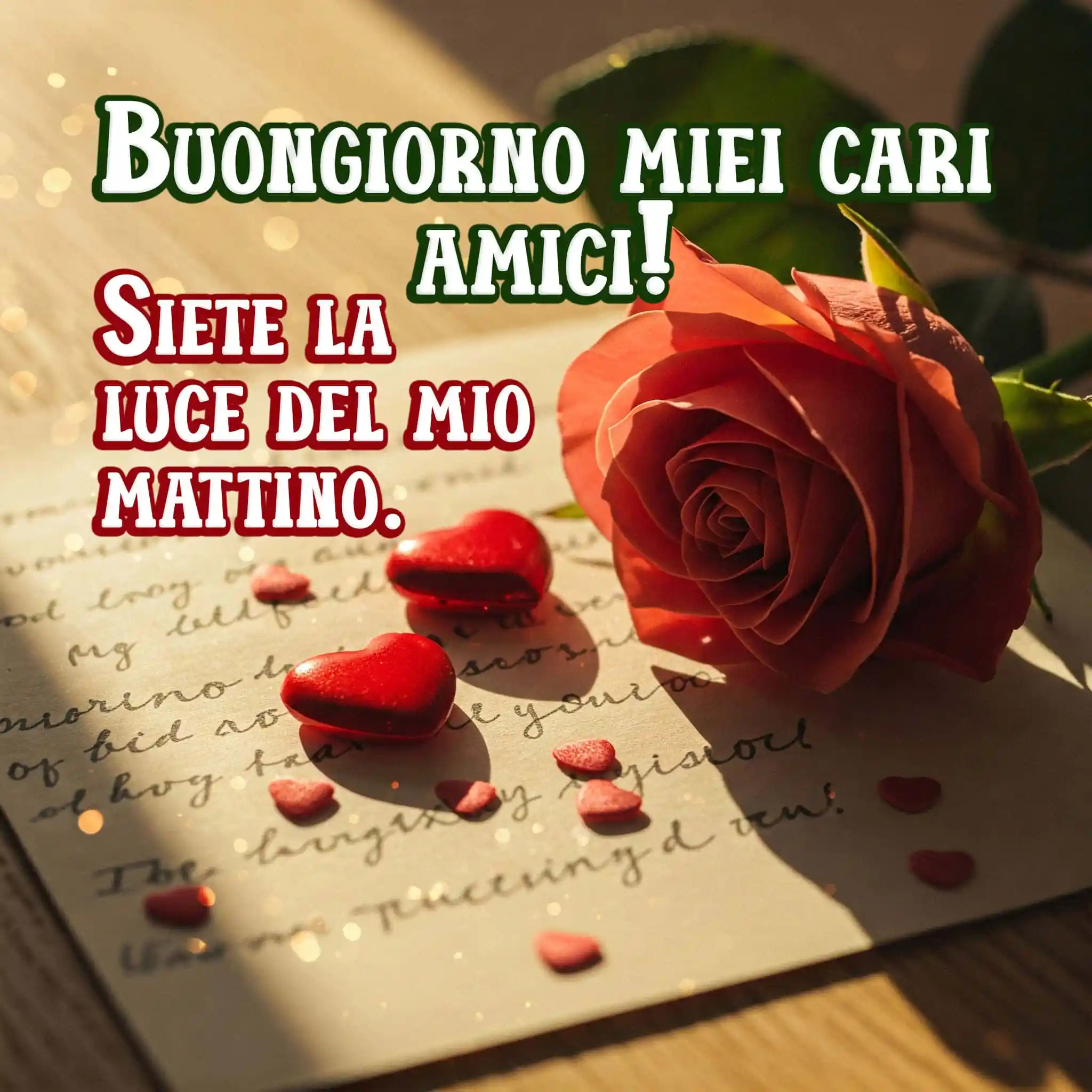 Arco di carta con rose, raggio di sole e la scritta, Buongiorno Amici.