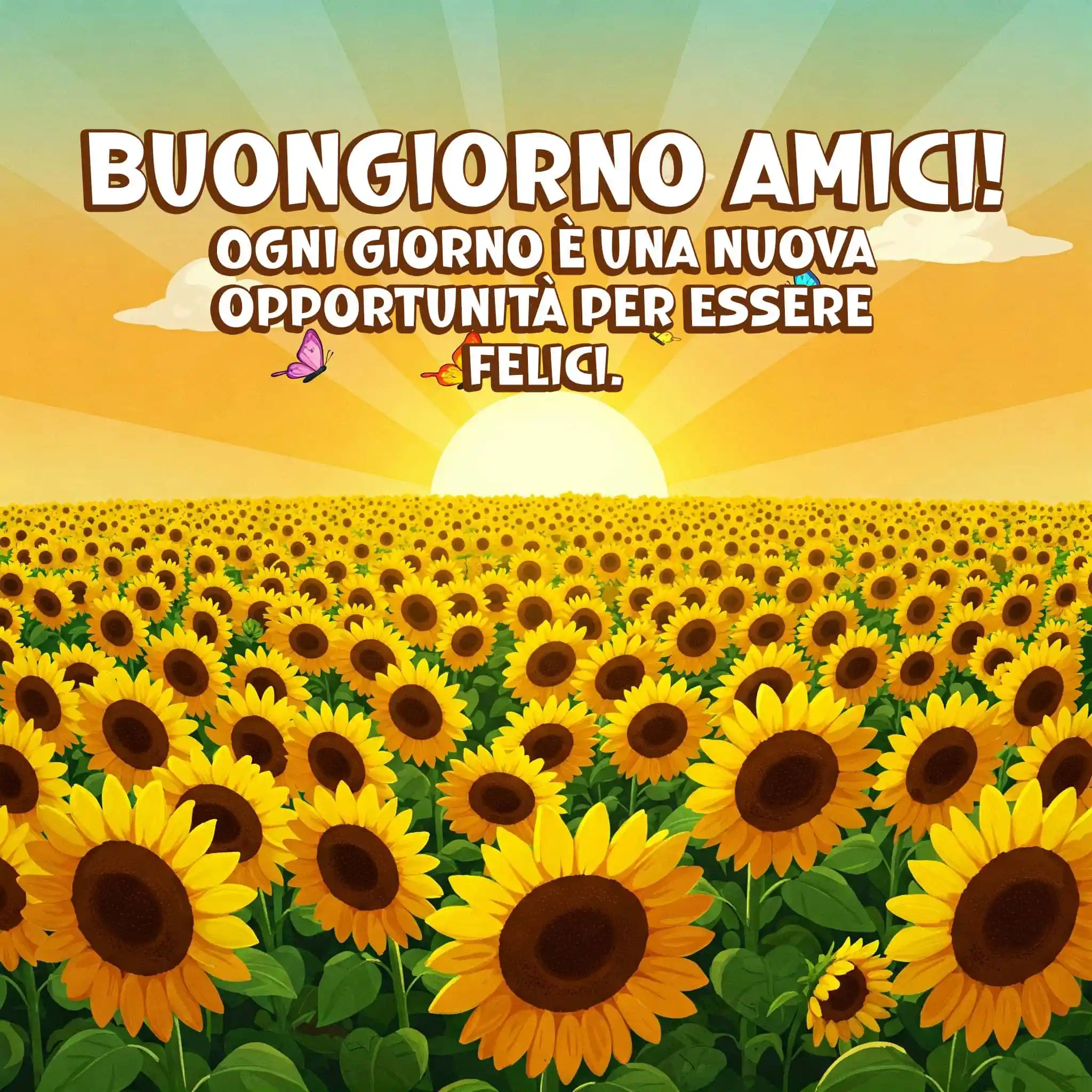 Arco di carta con rose, raggio di sole e la scritta, Buongiorno Amici.