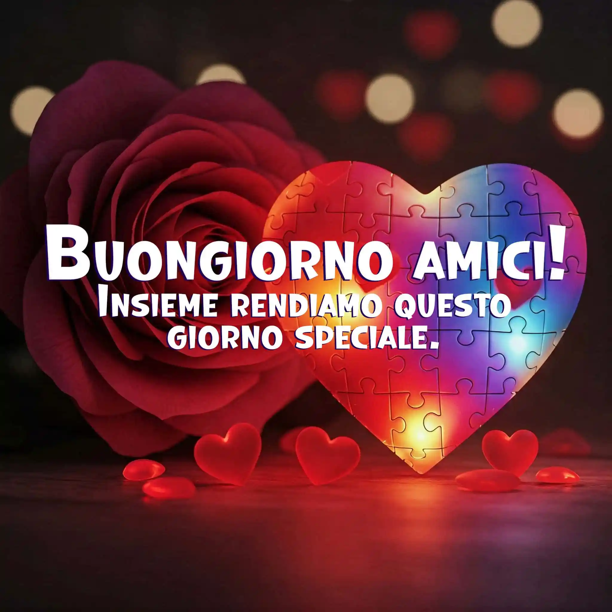 Arco di carta con rose, raggio di sole e la scritta, Buongiorno Amici.