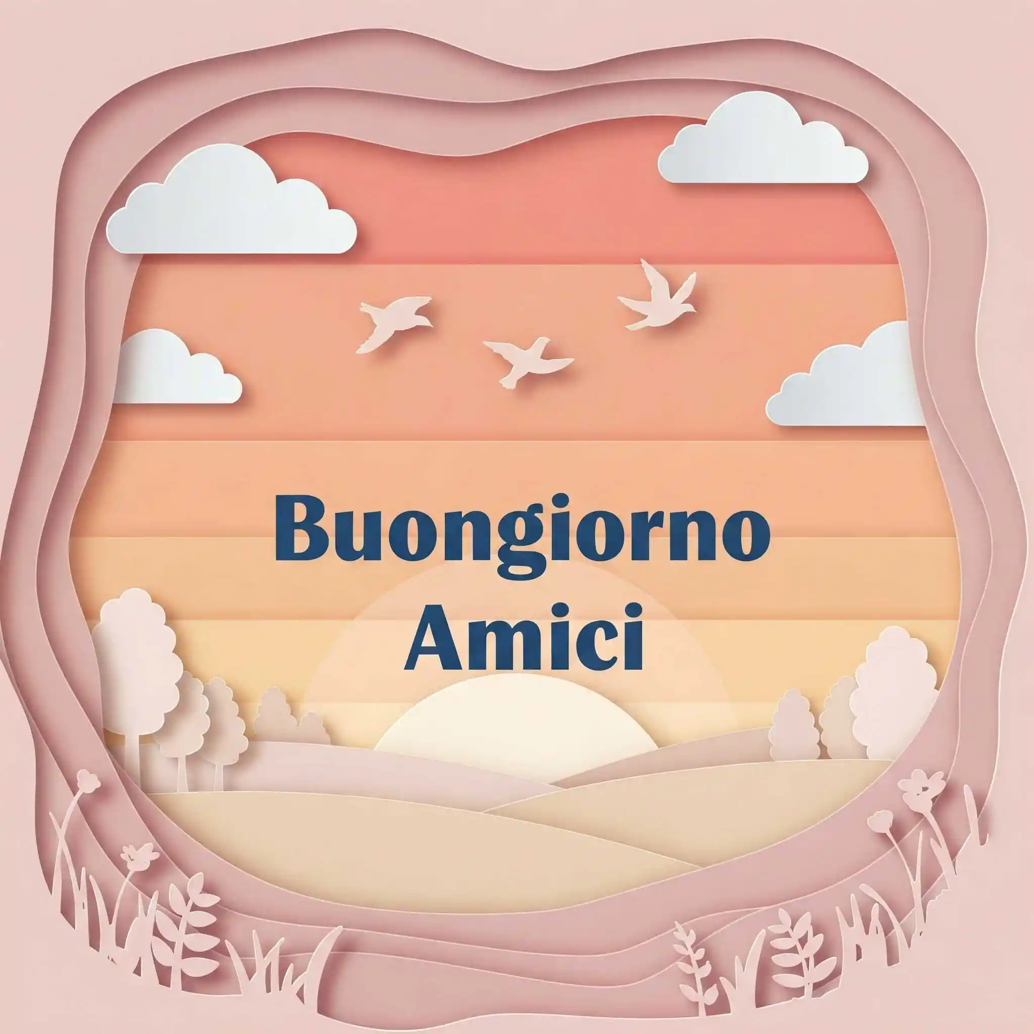 Arco di carta con rose, raggio di sole e la scritta, Buongiorno Amici.