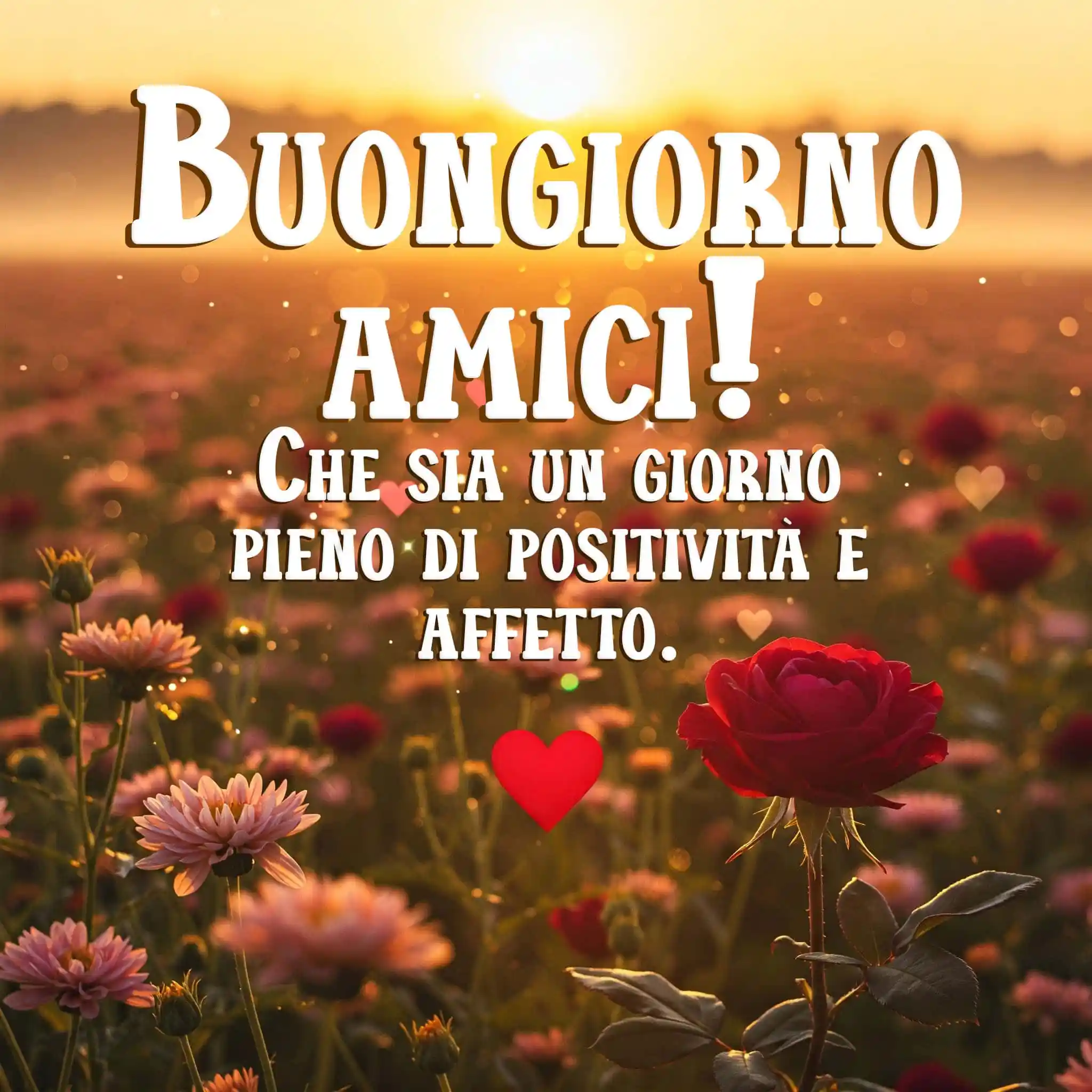 Villaggio di funghi animati in bosco con testo Buongiorno Amici.