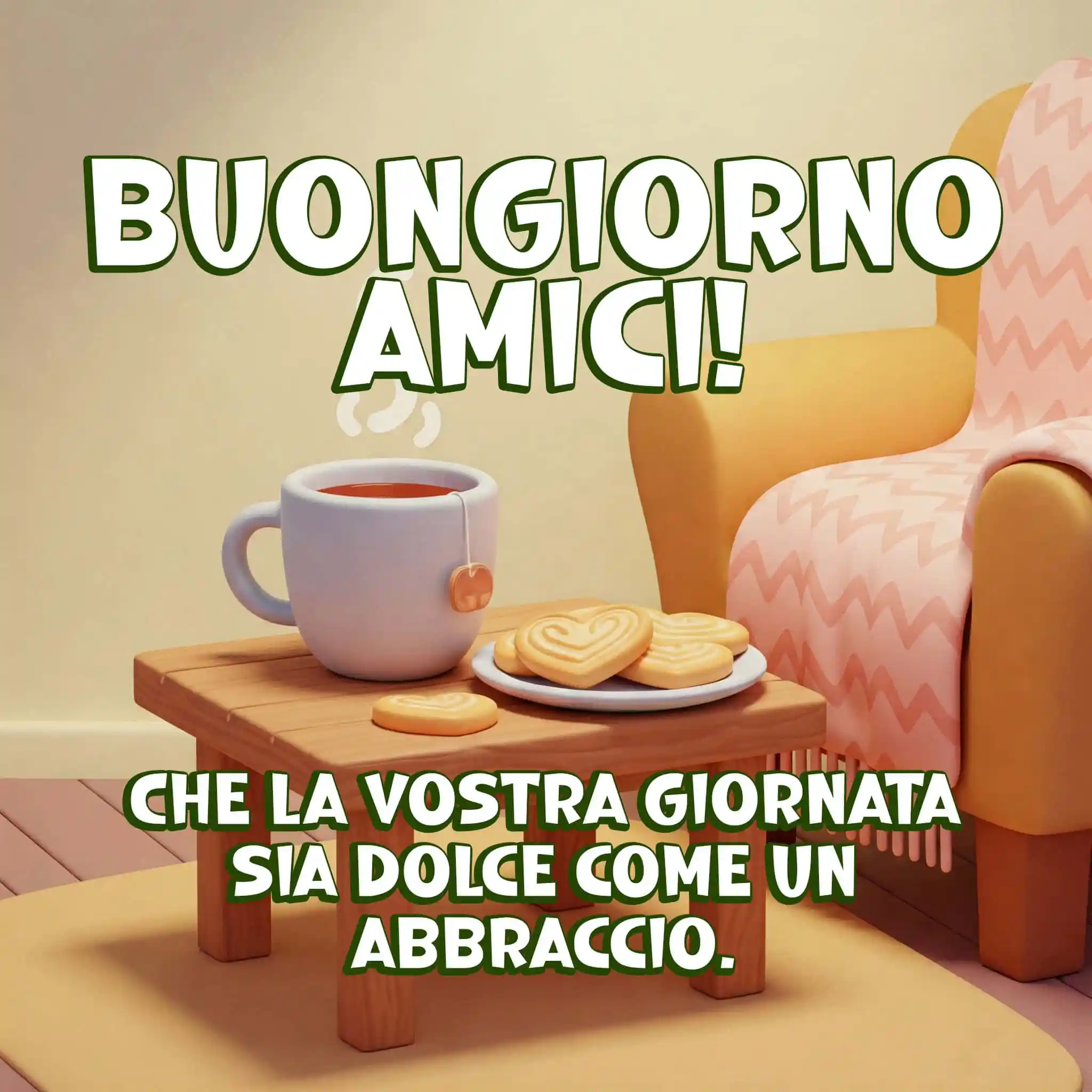 Arco di carta con rose, raggio di sole e la scritta, Buongiorno Amici.