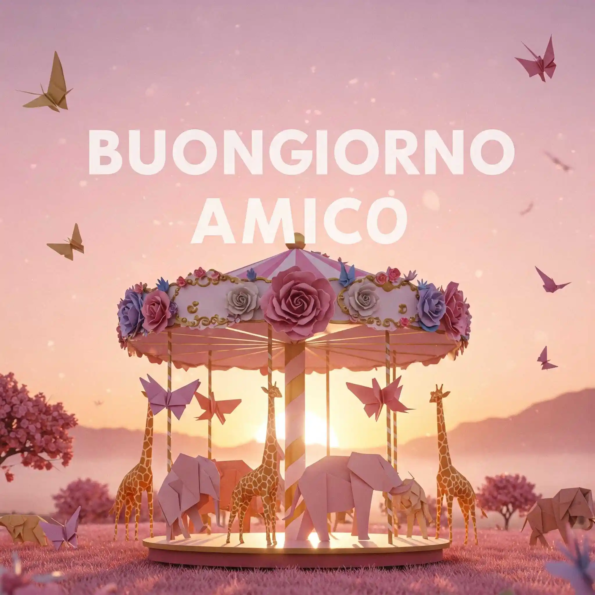 Villaggio di funghi animati in bosco con testo Buongiorno Amici.