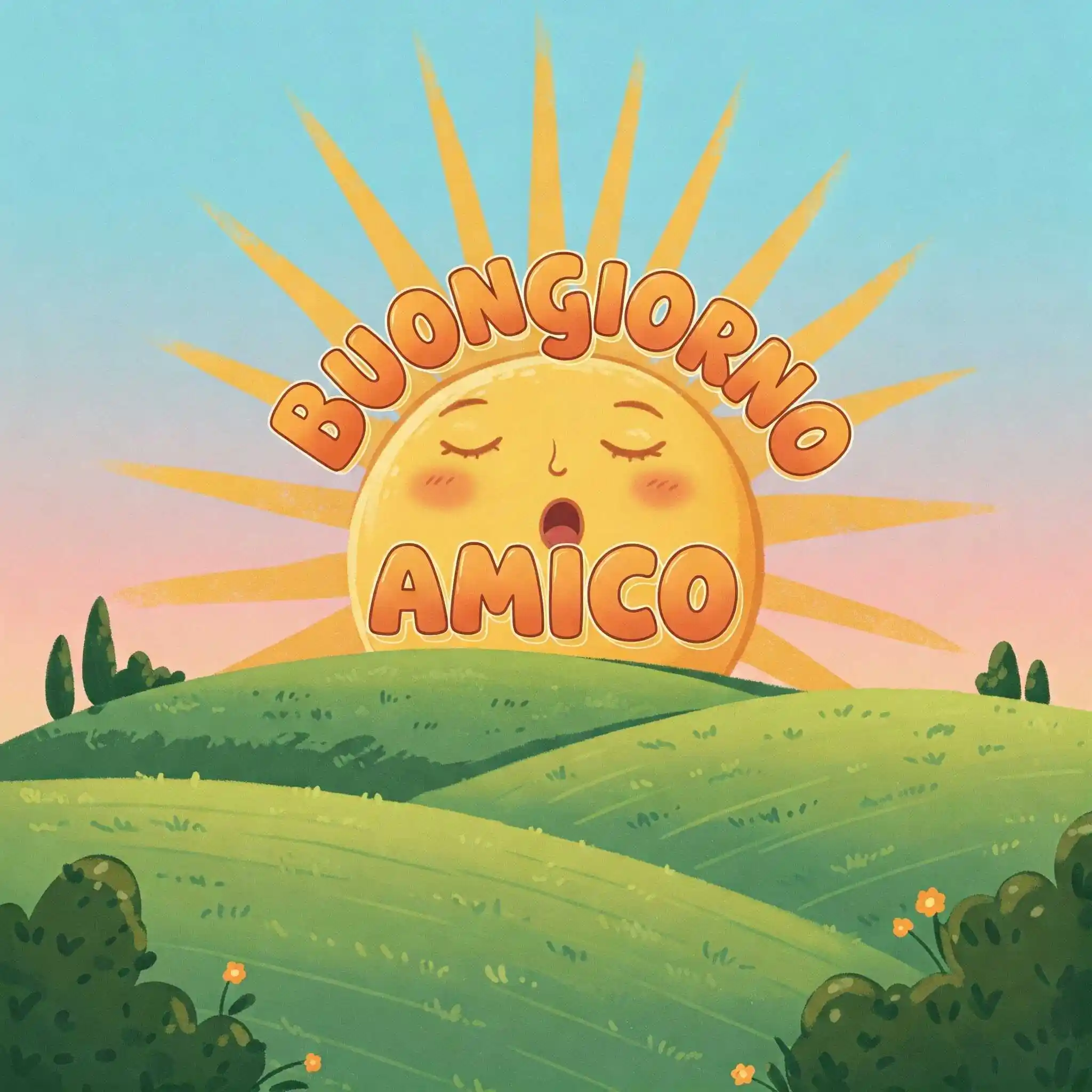 Arco di carta con rose, raggio di sole e la scritta, Buongiorno Amici.